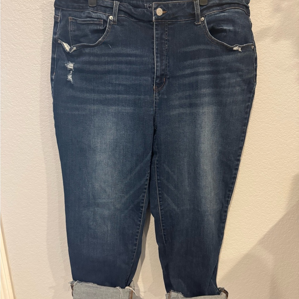 Time and Tru Blue Cropped Ankle Jeans with Distressed Details